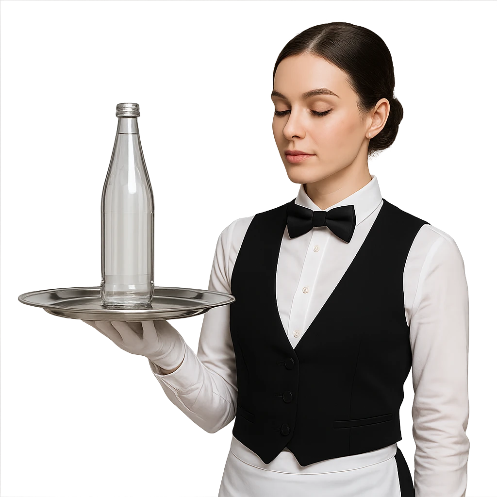 premium water bottle exposed on a premium plate by a high standard waitress emoji