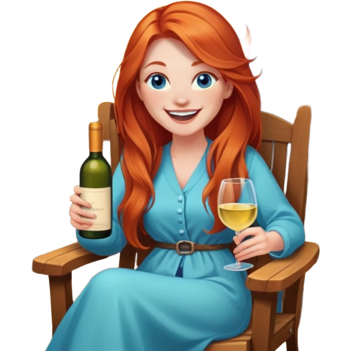 Laughing redhead with long hair and blue eyes holding white wine bottle sitting in chair beside fire pit  emoji