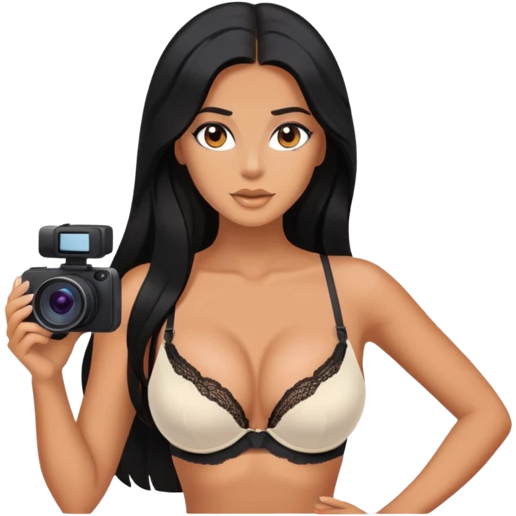 content creator, filming, black long hair tanned woman, bra, sexy emoji