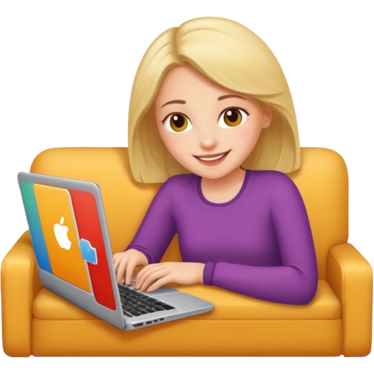 A girl is working with a laptop while lying on the sofa emoji