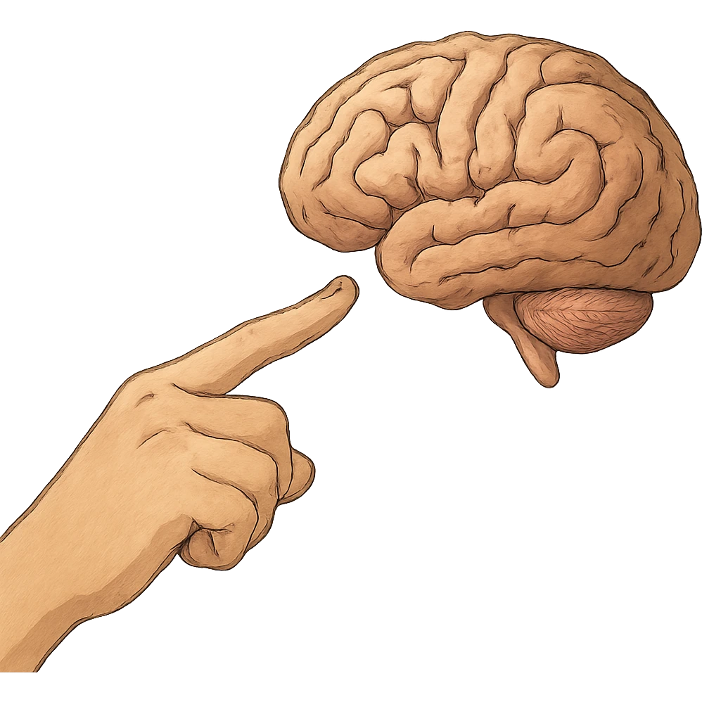 ghibli style a hand with detailed fingers pointing to a brain emoji