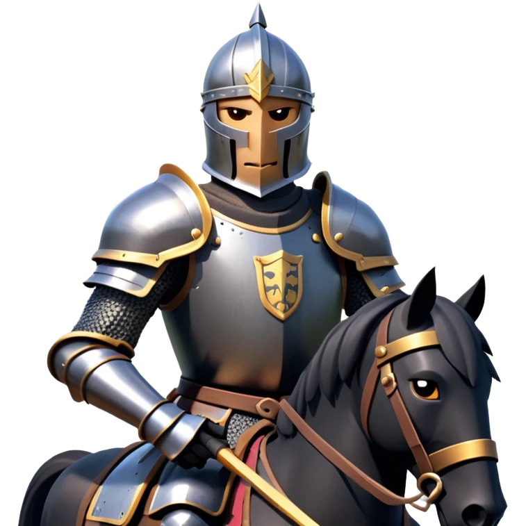 clash-of-clans-aesthetic_-cinematic-fearsome-and-majestic-knight-bust-portrait-emoji, rendered in a flat, vector-style with minimal shading and bold, simplified shapes, depicting a battle-ready medieval knight with steely eyes and intricate armor, mounted riding on a black warhorse reflecting sunlight over a misty battlefield. emoji
