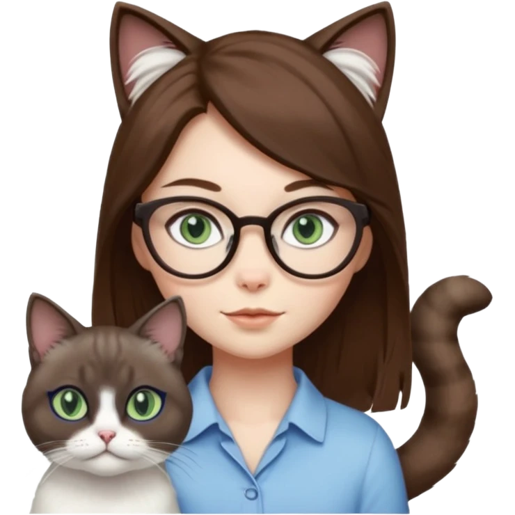O data cu parul saten ,ochii griji-albastrii ,ochelari și codițe de pisica ..și langa o pisicuță alba pufoasa ,cu ochii verzi și o a doua pisica siameza pufoasa cu capul maro -negru și coada ,restul corpului un maro deschis spre alb  , ochii albaștrii emoji