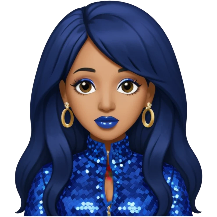 Cardi B with long jet black hair, indigo sequin outfit emoji