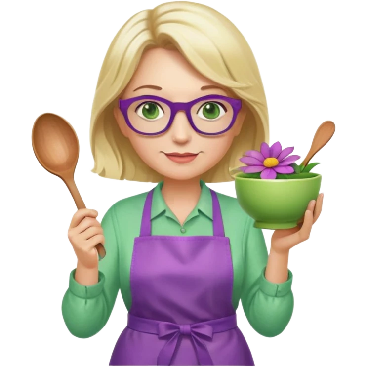 middle aged woman with shoulder length blonde hair, purple glasses, green eyes, wearing a flower apron, holding a bowl in one hand and a mixing spoon in the other emoji