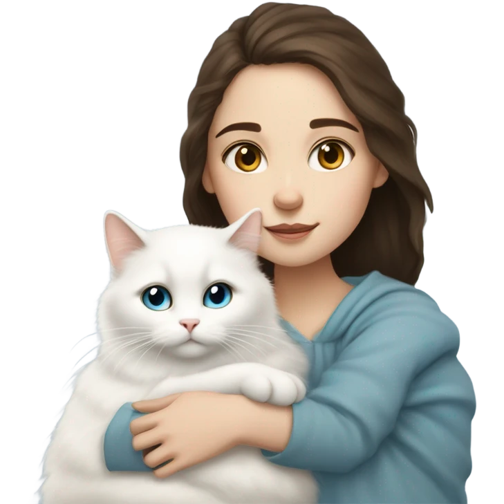 Brunette girl snuggling white fluffy cat with heterochromia. (Left eye light blue and right eye soft brown.) emoji