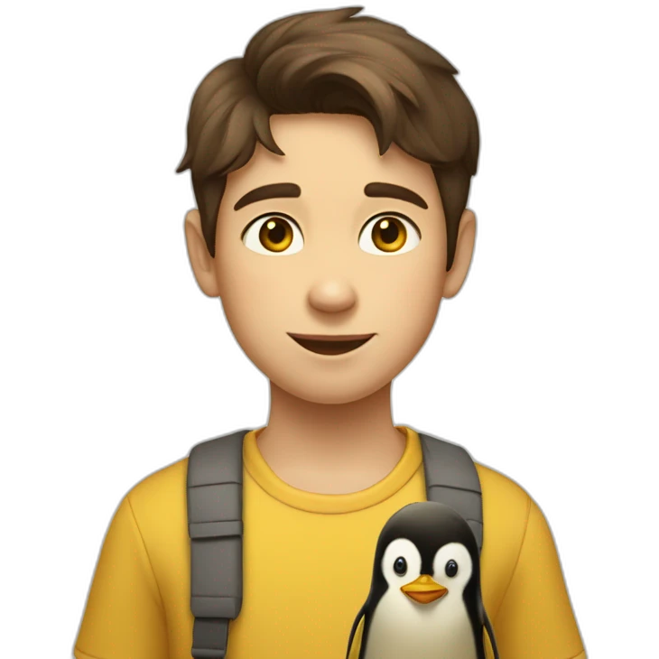 10 year old boy with brown hair wearing yellow ochre shirt with penguin on it emoji