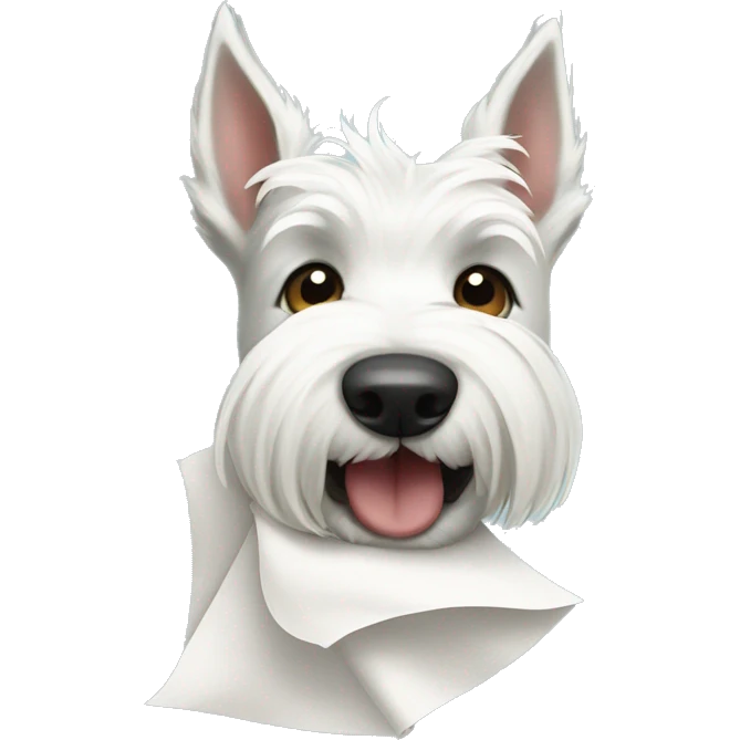 White Scottish terrier face holding tissue in its mouth emoji