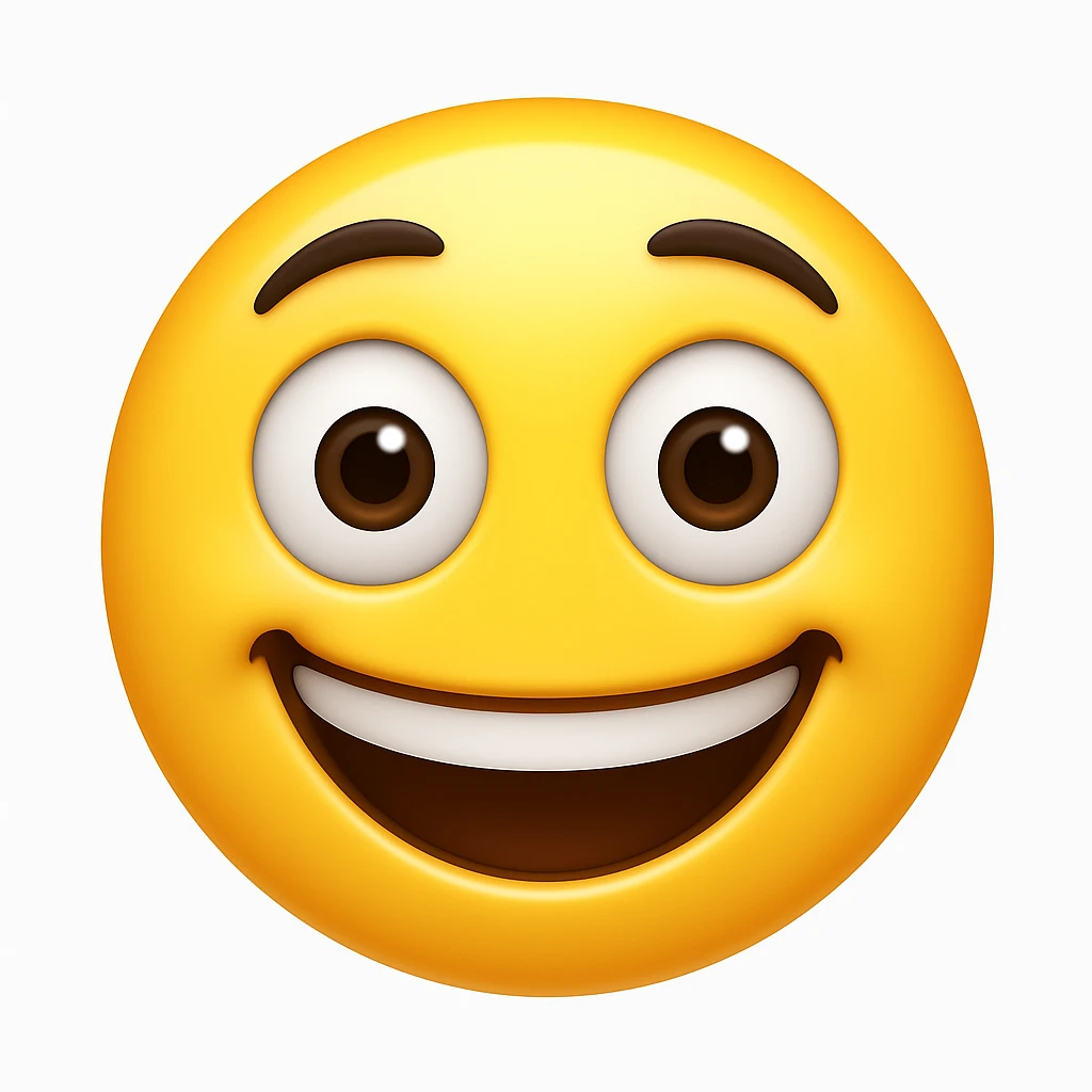 Create a yellow smiley face emoji with a similar facial expression to the reference image. It should have wide eyes, raised eyebrows, a big smile, and a shiny, smooth appearance. The style should resemble the iOS emoji style. emoji