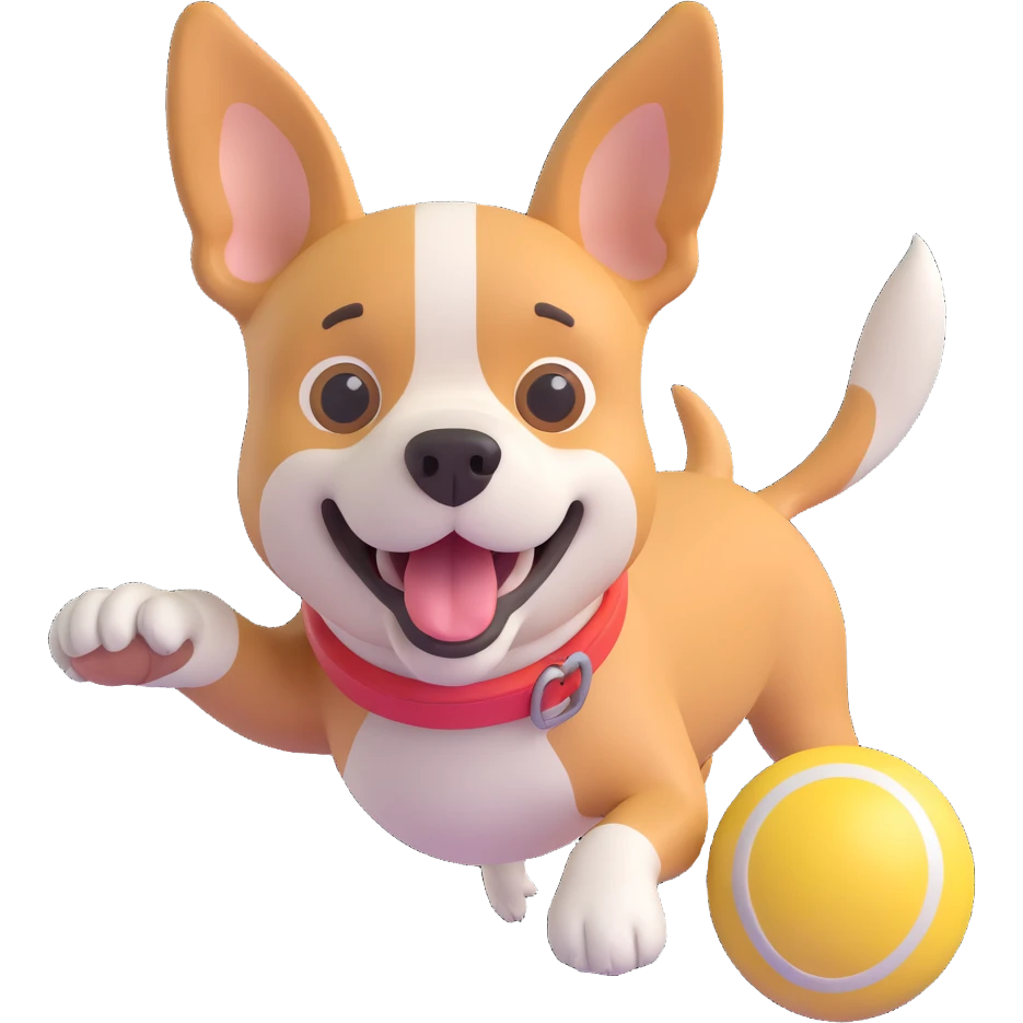 dog chasing ball in forrest, close up pose emoji