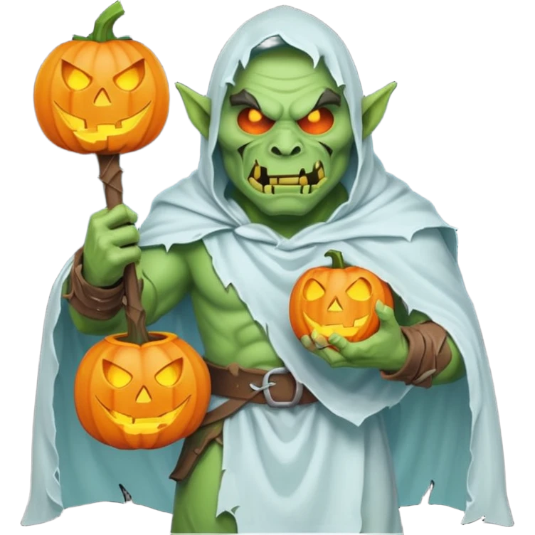 male orc warrior ghost emoji, green skin, tusks, wearing torn white ghost sheet costume, holding glowing jack-o'-lantern, faint blue aura, friendly but spooky expression, Halloween fantasy theme, Apple emoji style, clean white background, square emoji