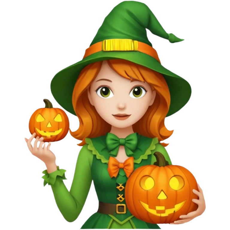Woman Hunter With Jack o Lantern, wearing green costume, with bow emoji