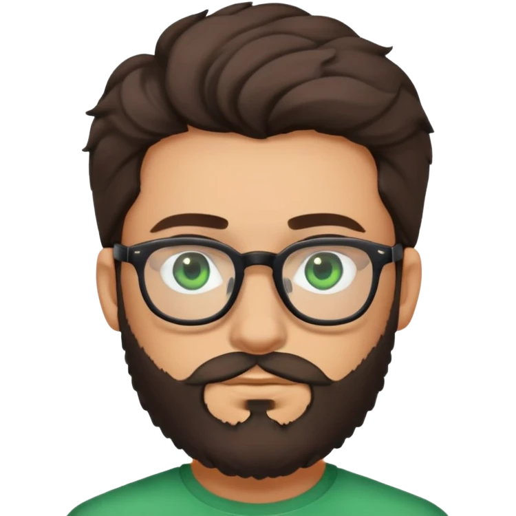 young man with dark slightly curled hair wearing glasses with green eyes and fuller beard emoji