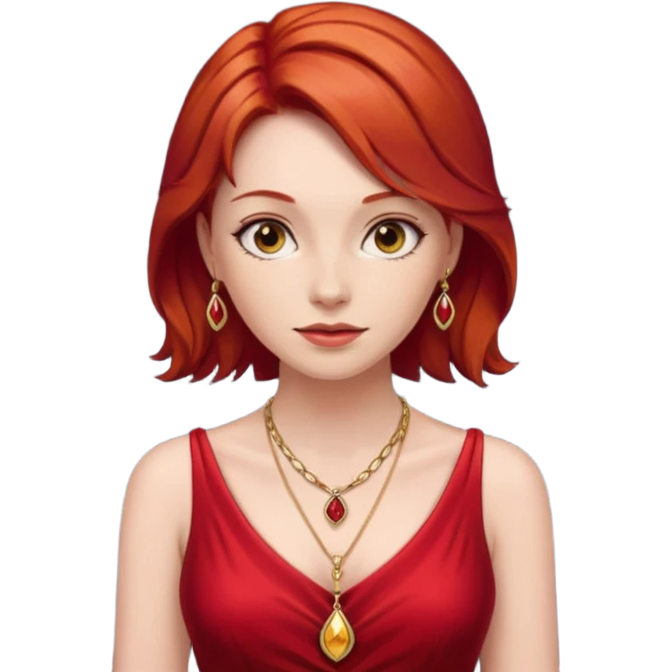 lady in red clothes , red hair, wearing necklace emoji