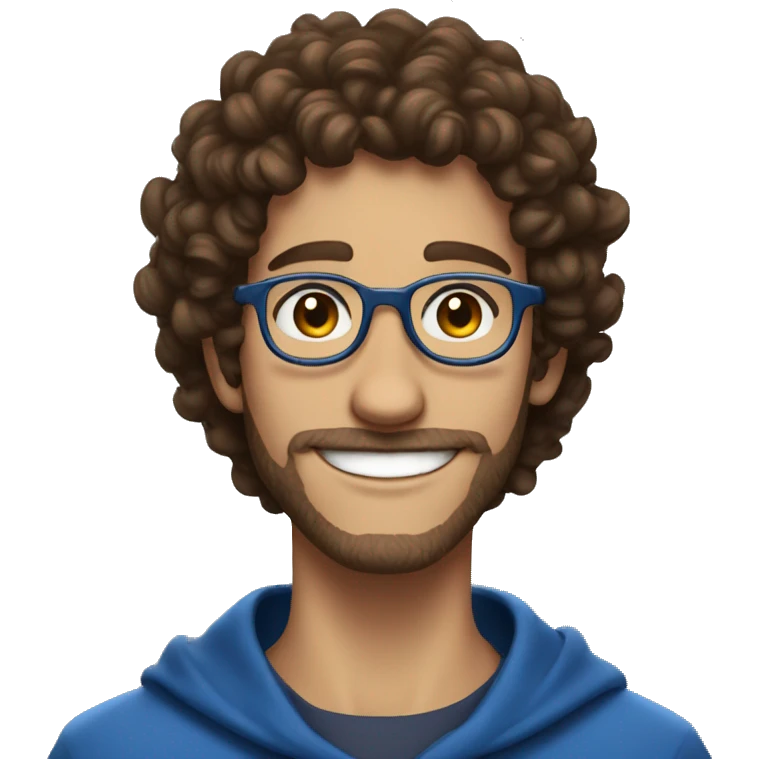 guy smiling brown curly hair short sides, blue wizard hat emoji
