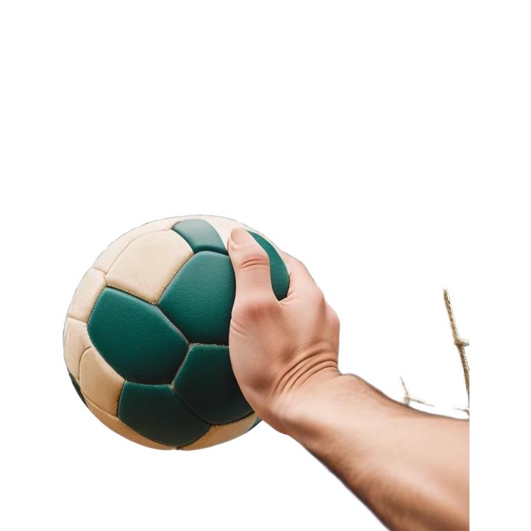 A close-up of a hand gripping a handball, with the goalposts visible in the background. The focus is on the texture of the ball and the strength of the grip, with the goal net slightly blurred to emphasize the anticipation of the throw. emoji