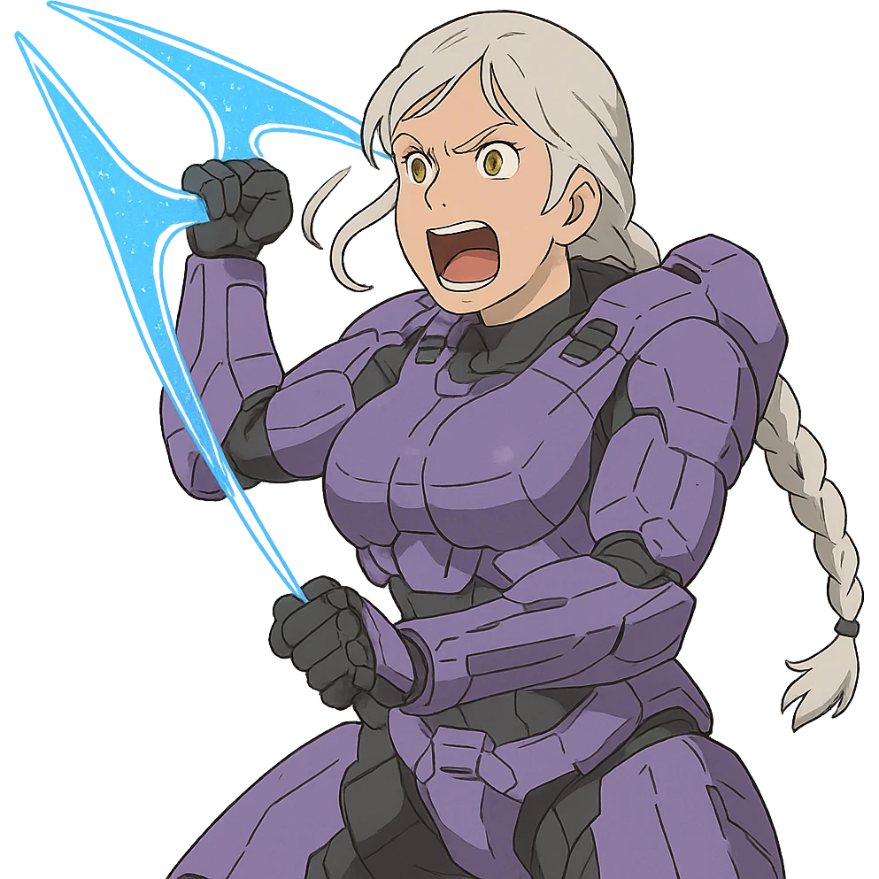 female, wearing reach spartan armor default, long white braid hair, gold yellow eyes, attention pose, HALO:series, no helmet, the armor is lavender color scheme, shoulder pad off. DDD bust size fitting. Punk gothic cyberpunk, brandishing a covenant energy sword, preparing to swing and yelling emoji