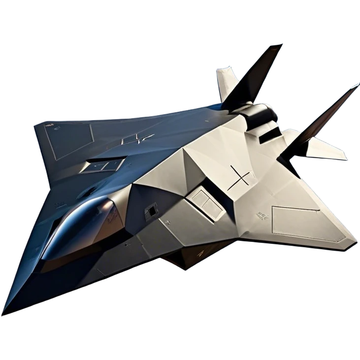F-117 Nighthawk - Lockheed Martin (Stealth Grey) A futuristic stealth attack aircraft with a distinct faceted, angular design in a stealthy matte grey. Its sharp, jagged edges and unconventional, almost alien-like shape make it look like a shadow cutting through the night sky. The surface should appear non-reflective with subtle panel lines. emoji