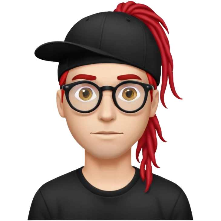 white man with red dreadlocks, wearing a black t-shirt, a black baseball cap with a straight ponytail and red round glasses emoji