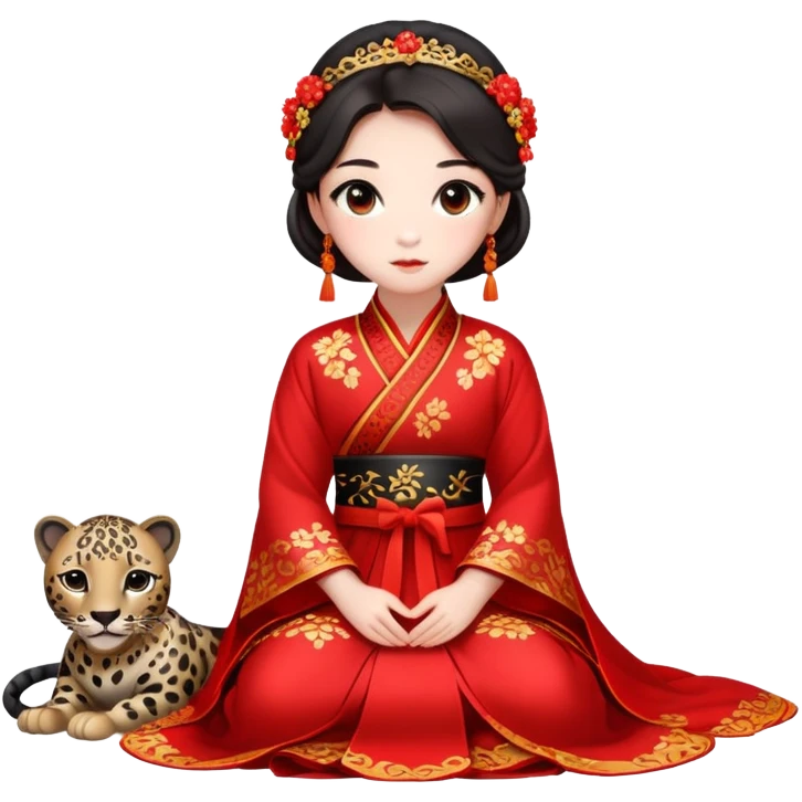A beautiful girl in red Hanfu wedding dress sits on the ground holding a black leopard emoji