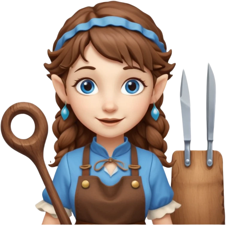Kind happy whimsical quirky Girl toymaker, wood carving elf. Woodland creator. Blue eyes. brown hair (just below chin length) wavy hair & bangs. Whimsical playful cute emoji