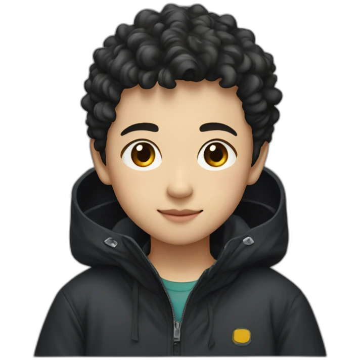 Chinese boy with short and slightly naturally curly hair wearing a black oversize waterproof jacket emoji