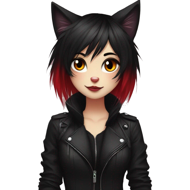 Anthro Edgy Cool Beautiful Black Cat-Fursona with Emo Hair-bangs with Red Streaks emoji