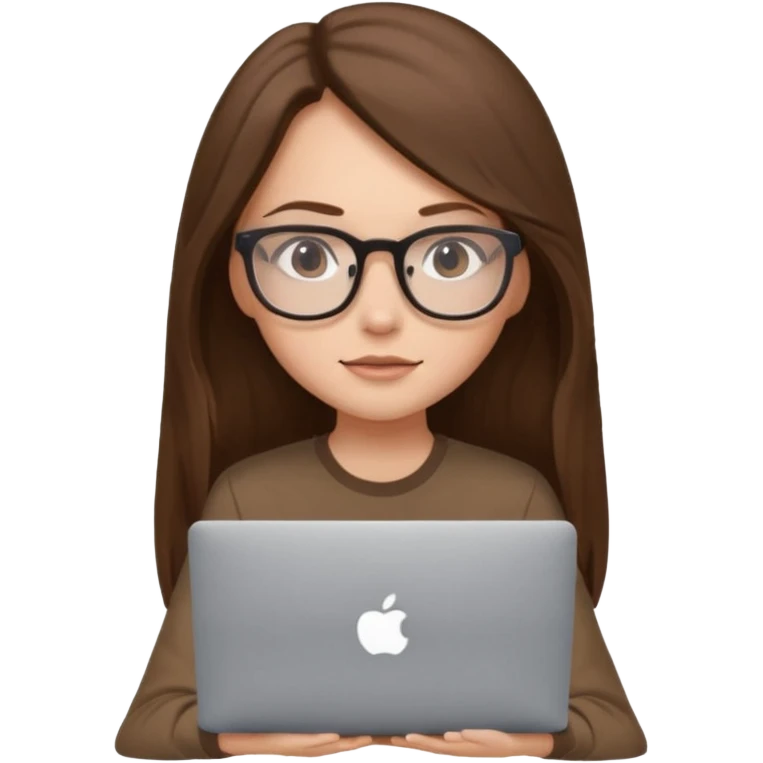 Girl in glasses,brown long hair, brown shirt, sitting with gray MacBook emoji