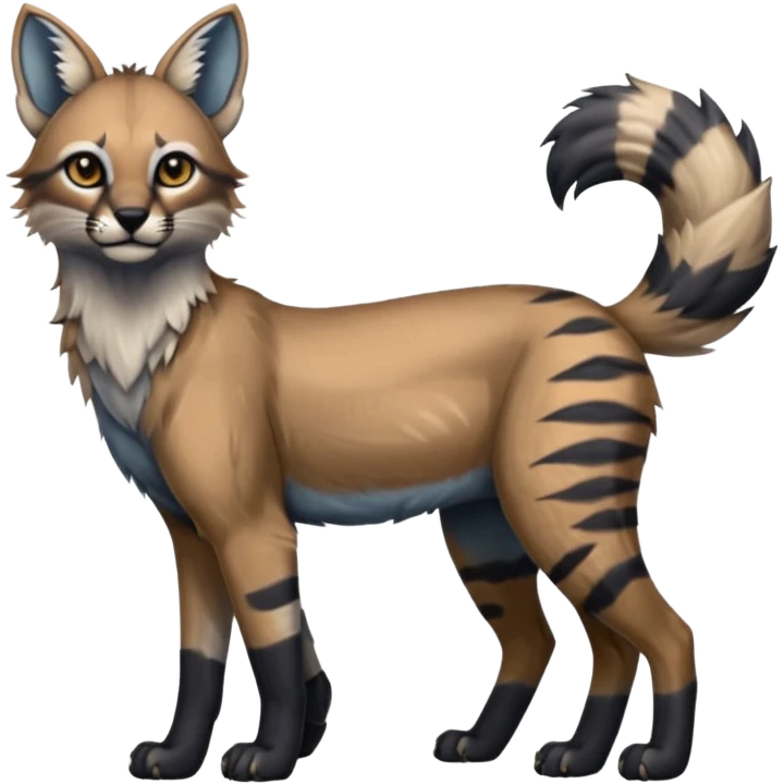 Realistic edgy bluish greyish blackish whitish silvery coppery Shiny Colorful Dusky Dark Gloomy Glossy Aardwolf-Caracal-Lion-Bobcat-fusion-animal-hybrid-creature, full body, tufted ears, long thin tufted tail emoji