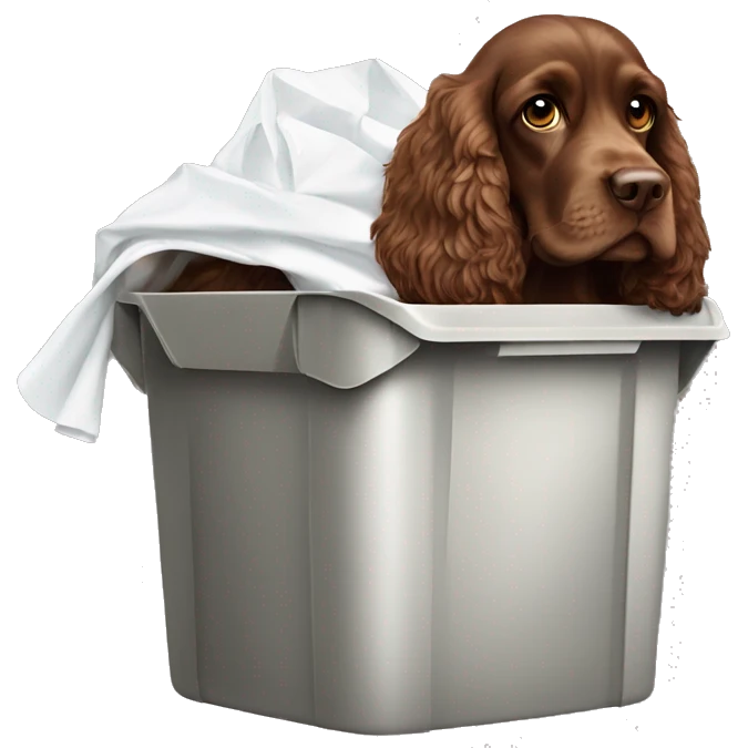 Brown cocker spaniel with white bib raiding the bin emoji