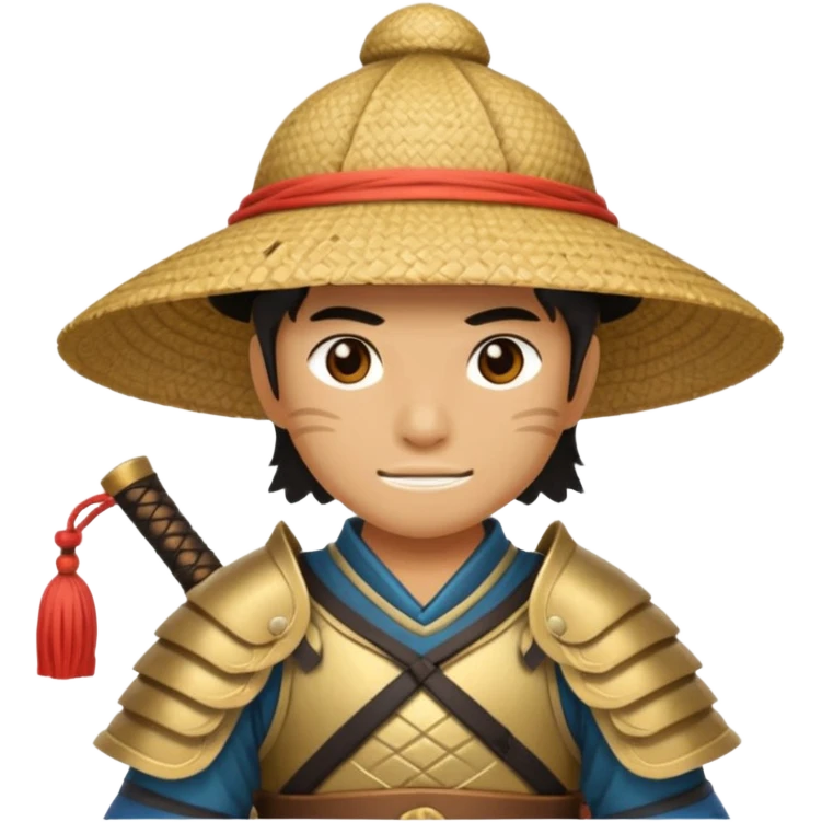 Samurai with straw hat, Warrior in armor holding wide hat emoji