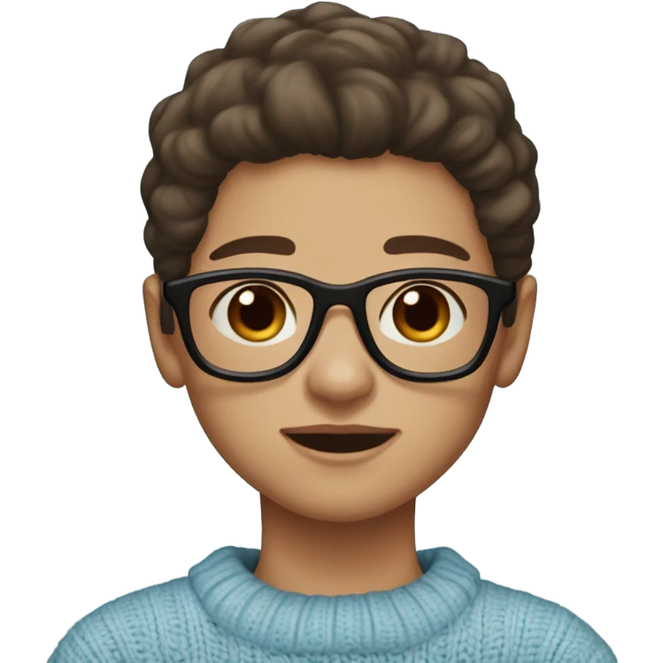 white light skin, long straight dark brown hair, light blue eyes, girl wearing aesthetic dark red sweater, glasses, emoji