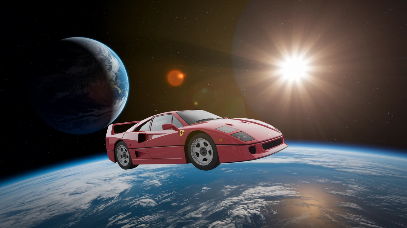 Cinematic still of a ferrari f40 floating in space, shot by space camera connect to spaceship, sun flare, big earth in background, captured by gopro emoji
