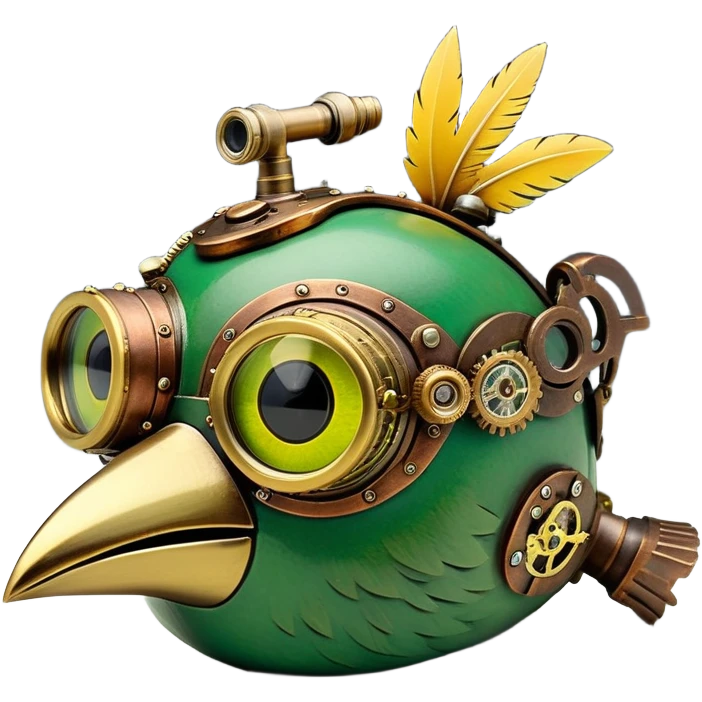 “Create an expressive emoji combining a vibrant green cartoon bird head (with a large round eye and yellow beak) and a detailed steampunk aesthetic. Integrate polished brass and copper gears into its feathers, add riveted metal plates along the beak, place a pair of vintage brass goggles above its eye, and include small clockwork mechanisms and a subtle steam plume rising behind it. Render as a cohesive emoji icon with clean lines, balanced colors, and a hint of aged patina.” emoji