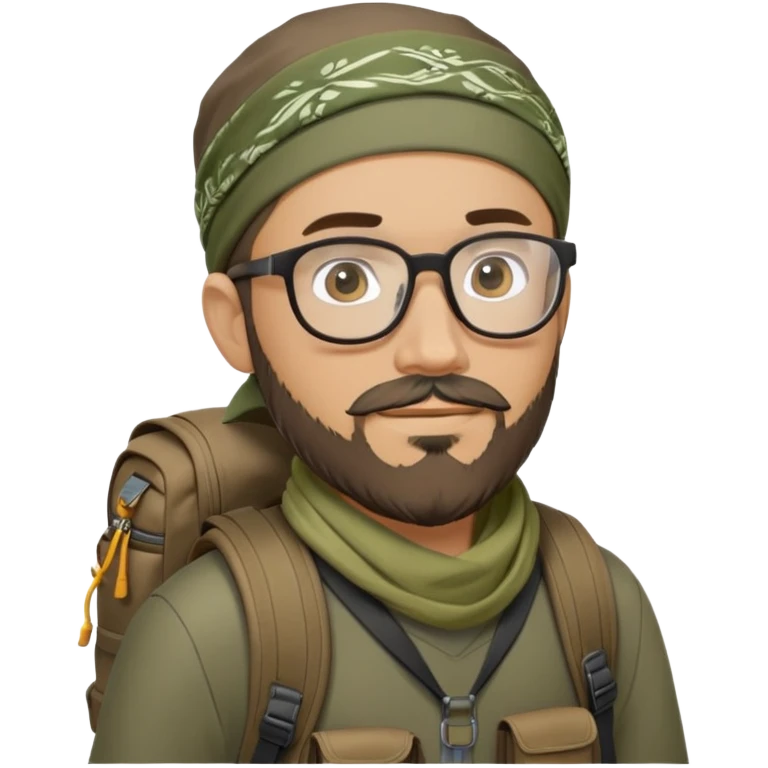 adventurer with goatee beard (no beard on cheeks), short hair, glasses, bandana on head and backpack, black shirt, olive backpack emoji
