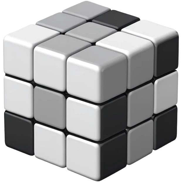 A 3x3 Rubik's Cube in monochromatic grayscale: white, light gray, medium gray, dark gray, black, minimalist iOS emoji style emoji