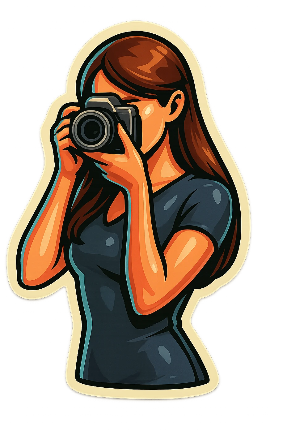 Edit the image of the girl in retro sticker style with clear bold outlines, expressive shadows and highlights. Dress the girl in fitted, figure-hugging clothing that shows her silhouette instead of oversized clothing. Remove any flowers. Keep the focus on the girl and the camera, emphasizing the clothing's silhouette and the camera details. emoji