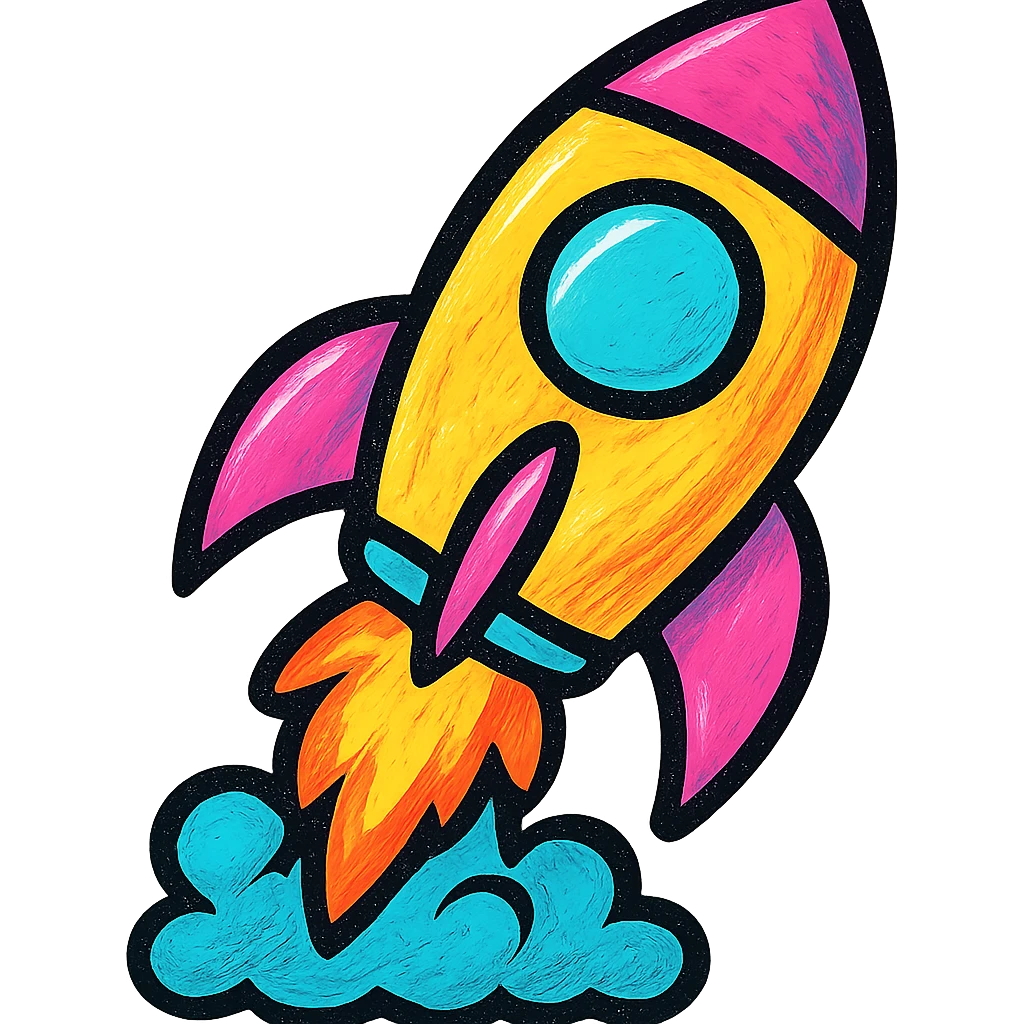 colorful rocket ship blasting off, vibrant pop colors emoji