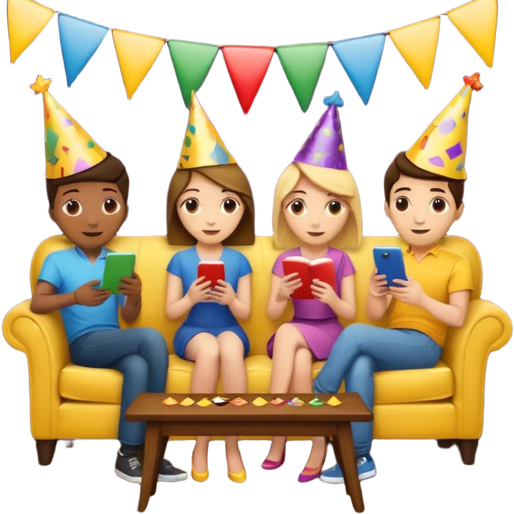 group of friends on couch playing a trivia game couch should be deep dark yellow color.  include a small wooden table in front of the couch as well emoji
