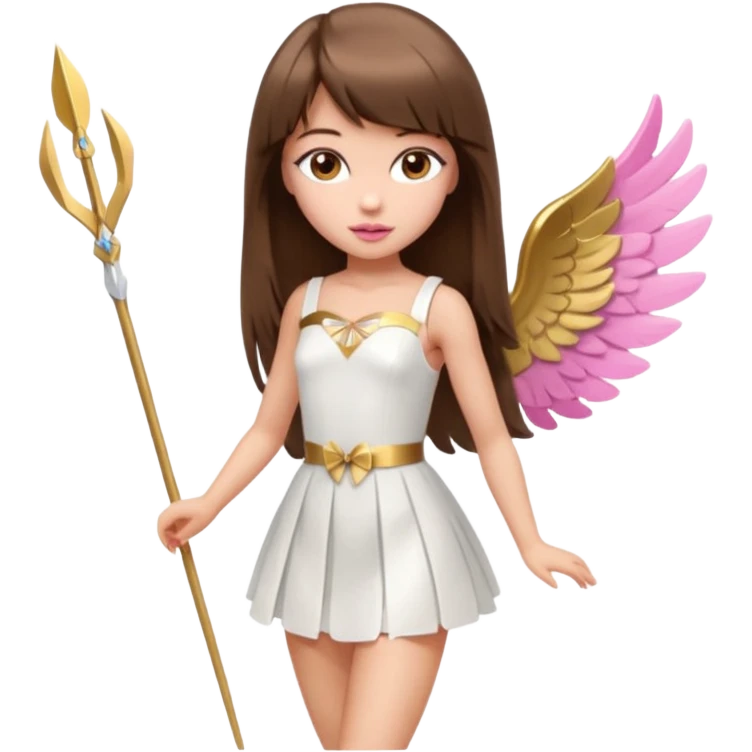 Hada sexy cupido pequeña  de cabello largo lacio castaño con flequillo y ojos cafés  vestida con algo sensual corto color blanco o rojo arco delgado con un color que combinen   y flechas  igual delgadas  que combinen y labios rosas tipo Barbie pero en hada cupido de cuerpo completo ojos sexys  emoji