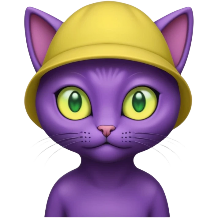 dark purple alien cat with no fur and yellow hat and big green eyes emoji