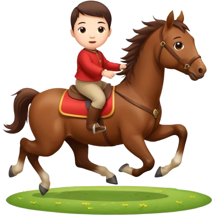 l little chinese baby riding on a  cute horse running really fast on the grass with 2026 year's label emoji