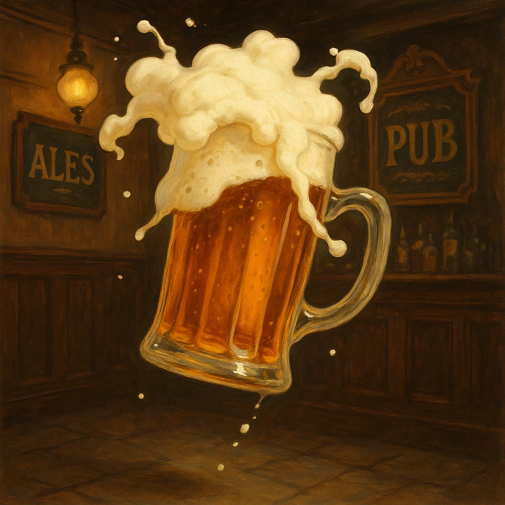 A pint of beer with foam spilling, floating in the air, whimsical and slightly surreal, traditional English pub theme emoji