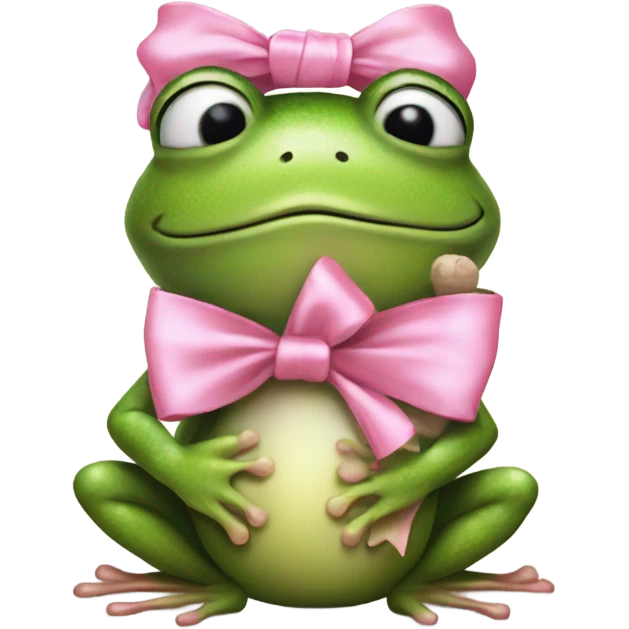 Frog  with pink satin bow on his head holding a small teddybear in his hands emoji