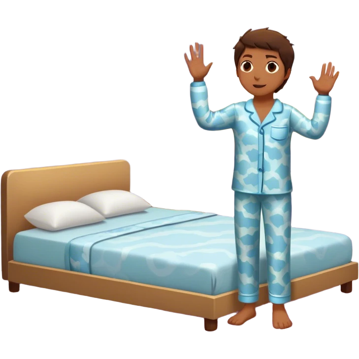 A person stands beside their bed, rolling out groggily with determination. The bed behind them is neatly made, a mirror in front of them shows them high-fiving their reflection. A glowing sunrise outside signals the start of a productive day. emoji