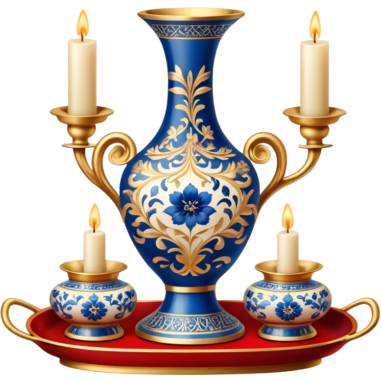 Metal painting icon, a combination of a metal vase, tray, and candlestick, each decorated with different techniques: Gzhel-style blue floral patterns, Chinese red and gold designs, and intricate Golden embroidery-style details. Visible fine paintbrush, paint pots, and accessories like porcelain palette, minimalistic style, clean lines, transparent background. emoji