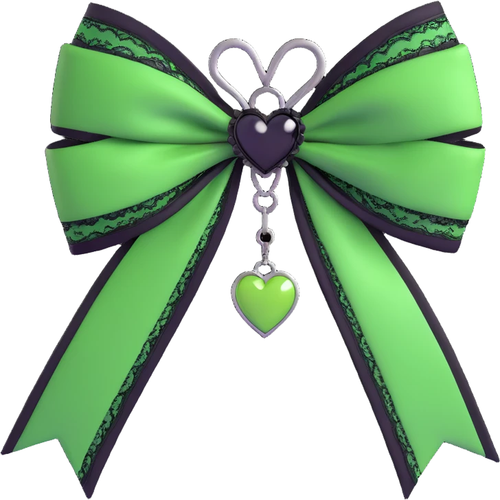 green gothic bow with black lace trim and heart charm, remove background emoji