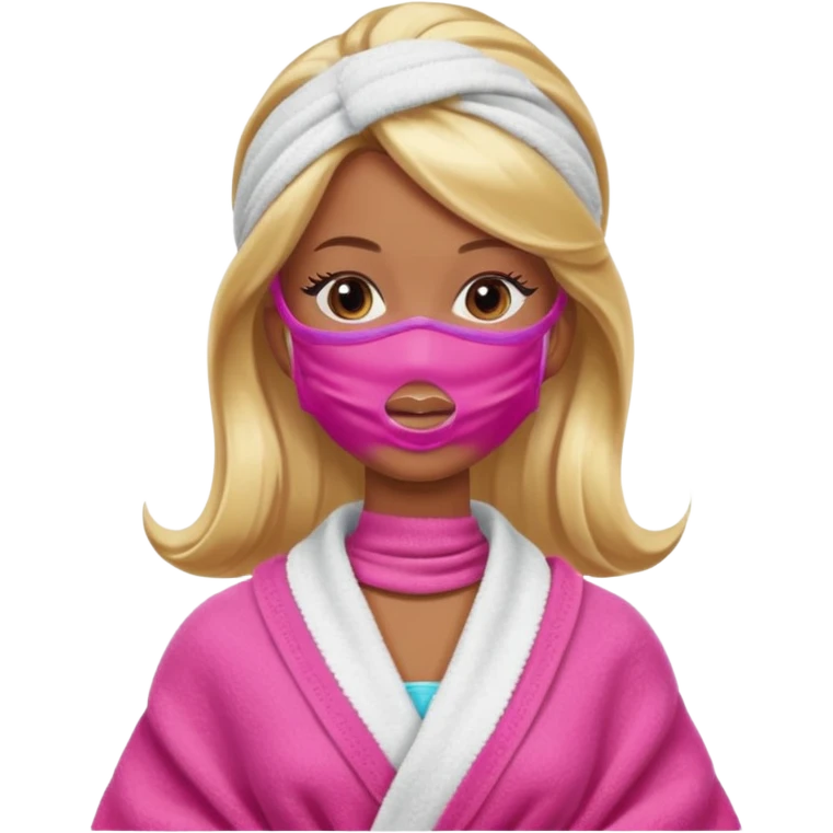 Brown skin blonde hair Barbie with face mask on and hair in towel emoji