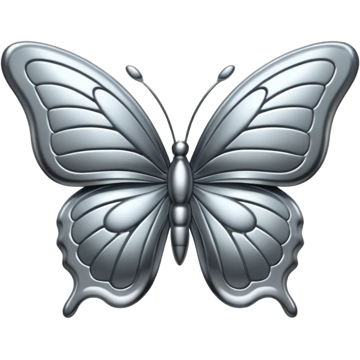 Liquid metal butterfly emoji, silver chrome material, iOS emoji style, smooth curves, reflective surface, elegant and minimal, white background emoji