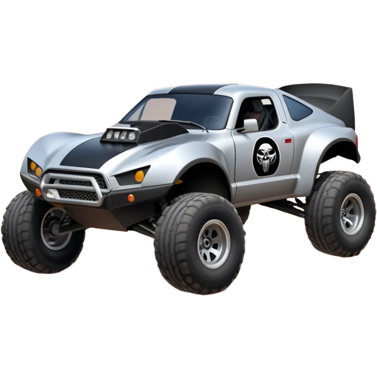 Satan’s and Vader (post race) Cabernet Dirty and dented Local Motors Rally Fighter off road race car hot rod trophy truck-style basher flying on a dusty road (silver wheels) emoji